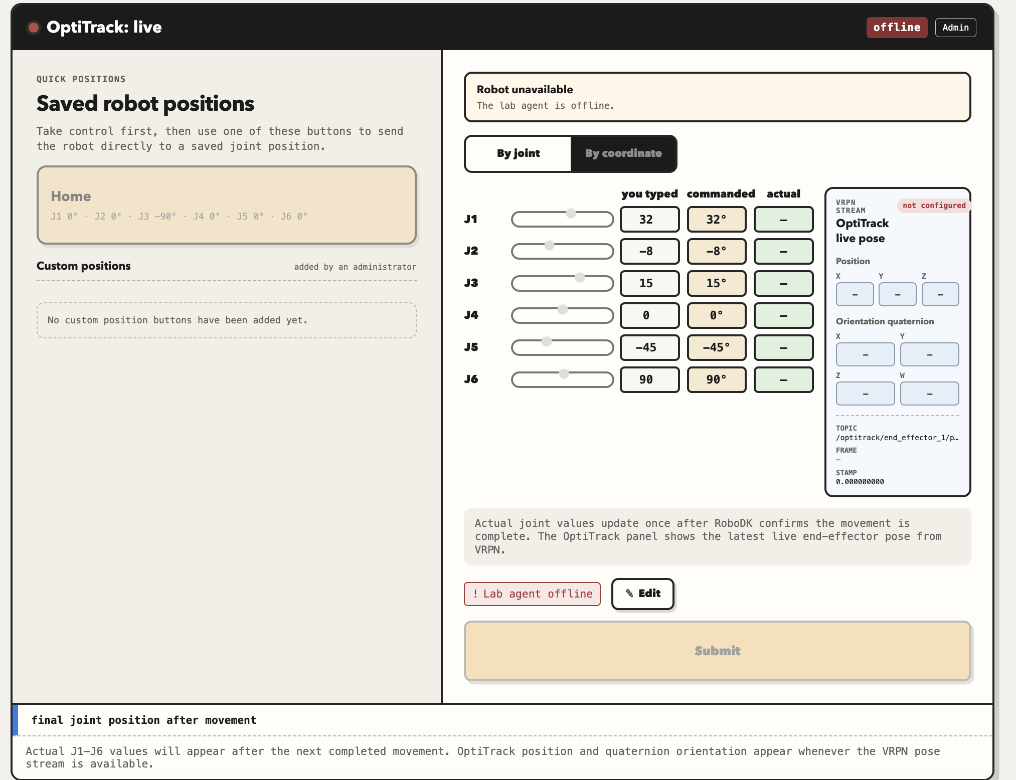 Remote COMAU robot-control interface showing saved positions, joint controls, commanded and actual values, and an OptiTrack live pose panel.